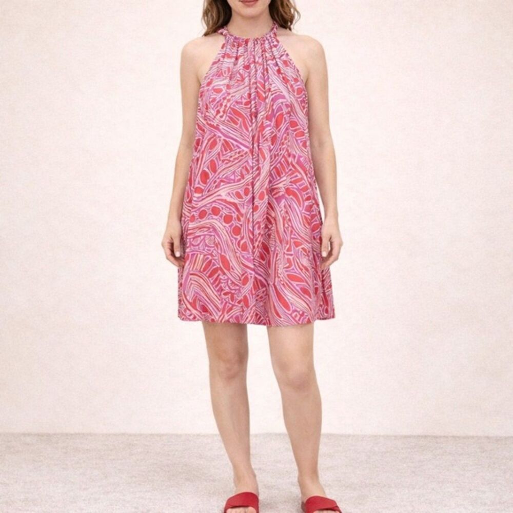 Trina Turk Dress 100% Silk Halter A-Line Mini Red Pink Tribal Print Size Medium
